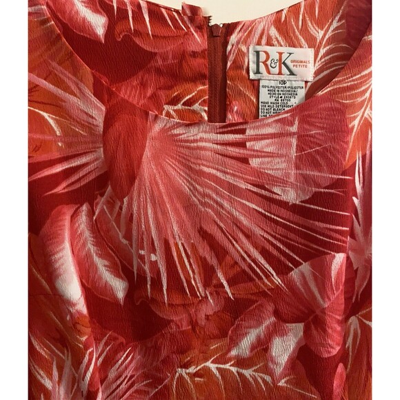 R K Originals Dress 10P Petites Red Pink Faux Wrap Tropical Floral Sleeveless - Picture 16 of 16
